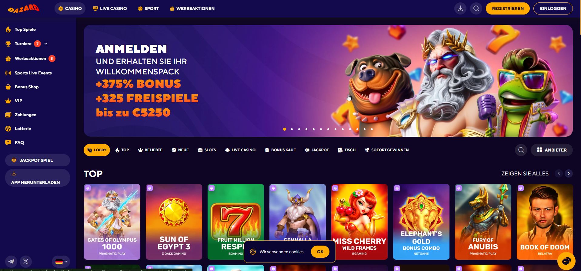 Screenshot der Dazard-Casino-Lobby mit Willkommensbanner und farbig gestalteten Spielautomaten