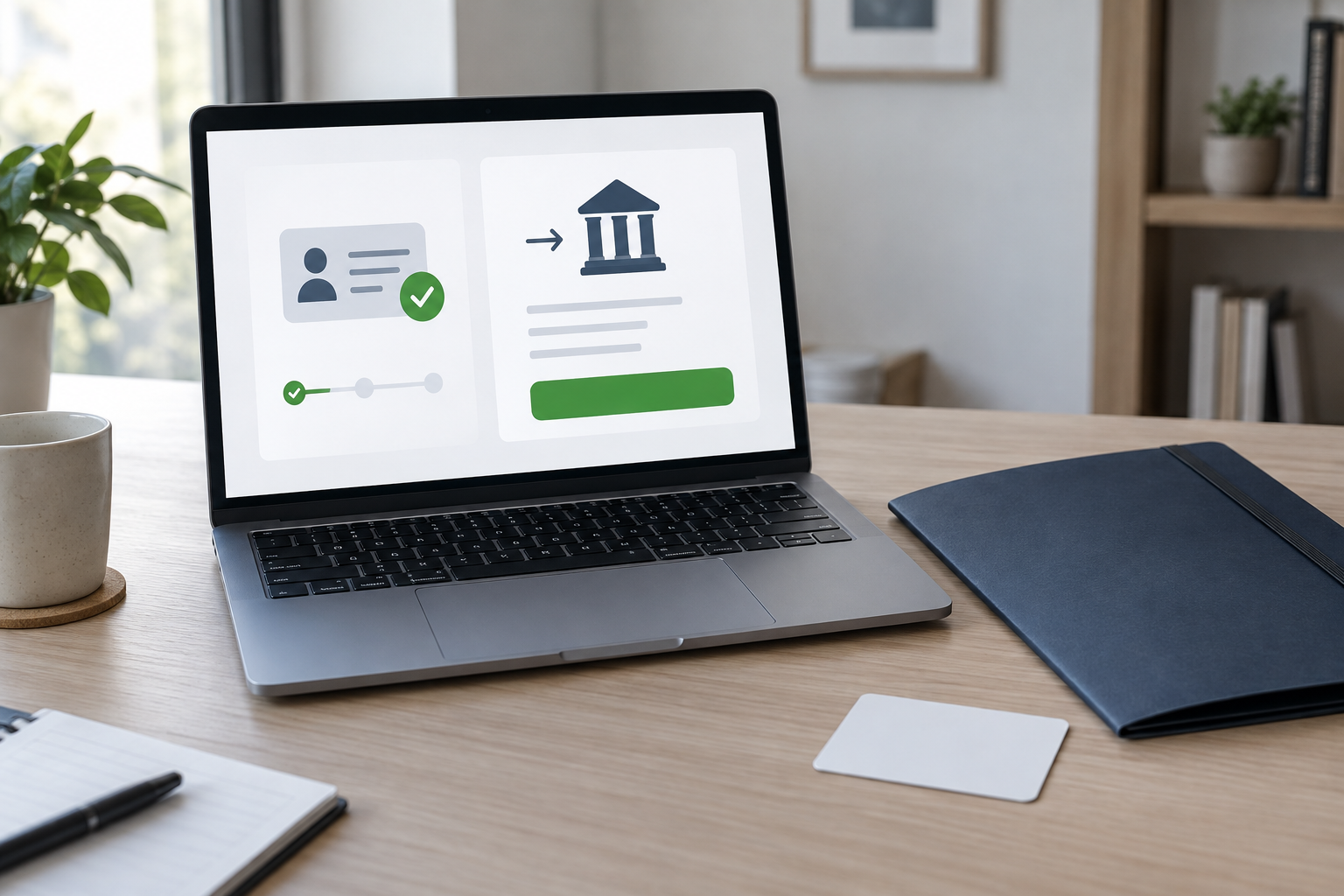 Laptop mit Symbolen für Identitätsprüfung und Banküberweisung neben einem geschlossenen Dokumentenordner