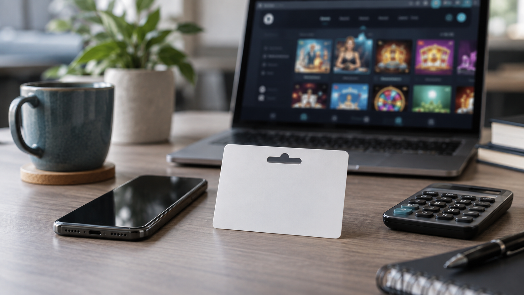 Blanko-Prepaid-Gutschein neben Smartphone und Taschenrechner auf einem Schreibtisch; im Hintergrund ist eine Online-Casino-Ansicht unscharf zu sehen