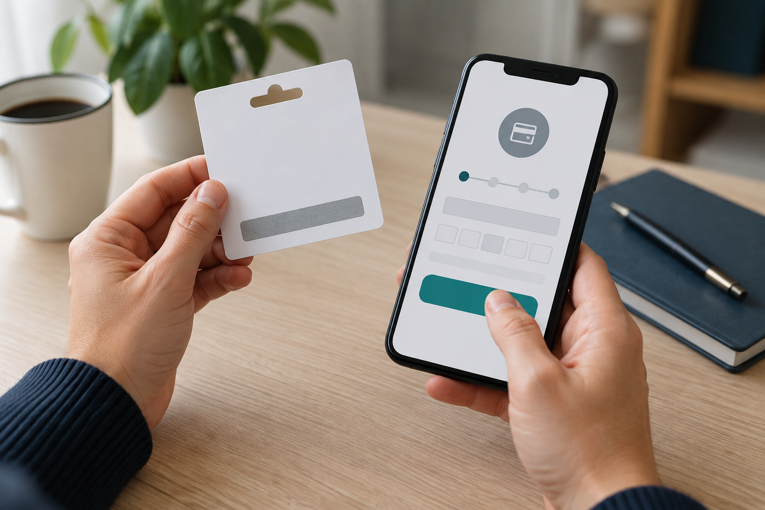 Eine Hand hält einen neutralen Prepaid-Gutschein neben einem Smartphone mit einer abstrakten Zahlungsmaske