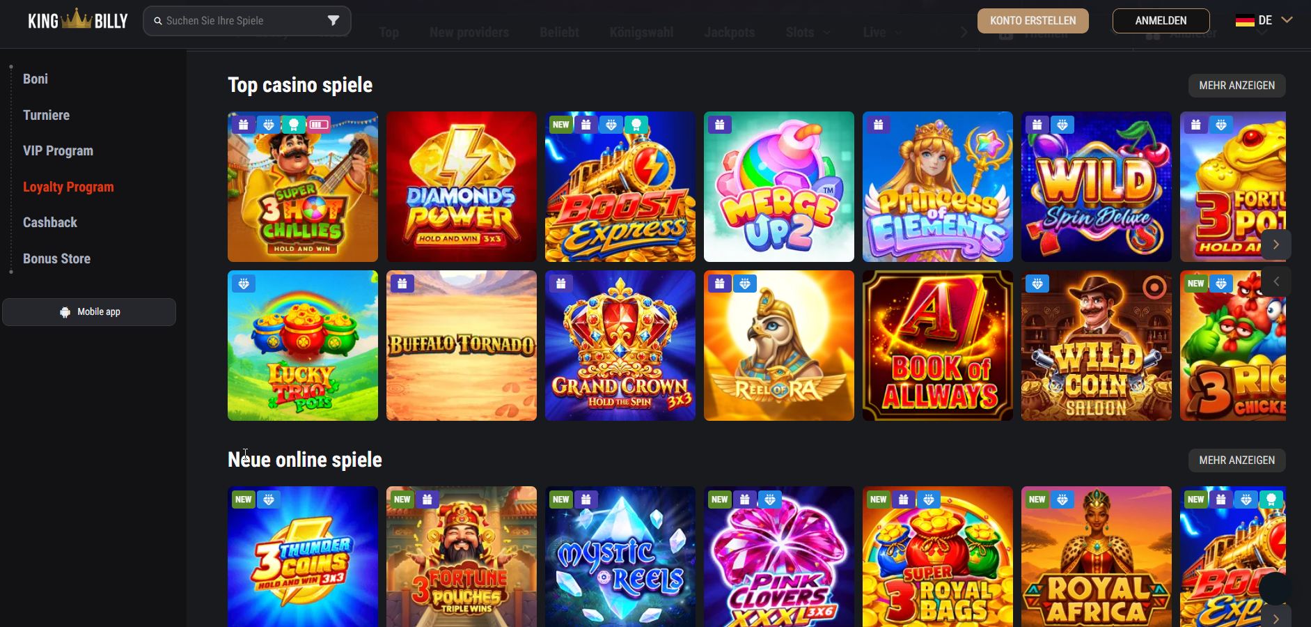 Screenshot der King-Billy-Lobby mit beliebten Spielautomaten und Seitenmenü