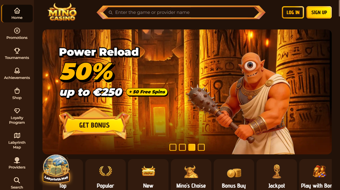 Screenshot der Mino-Casino-Startseite mit ägyptischem Tempelmotiv und Bonusbanner