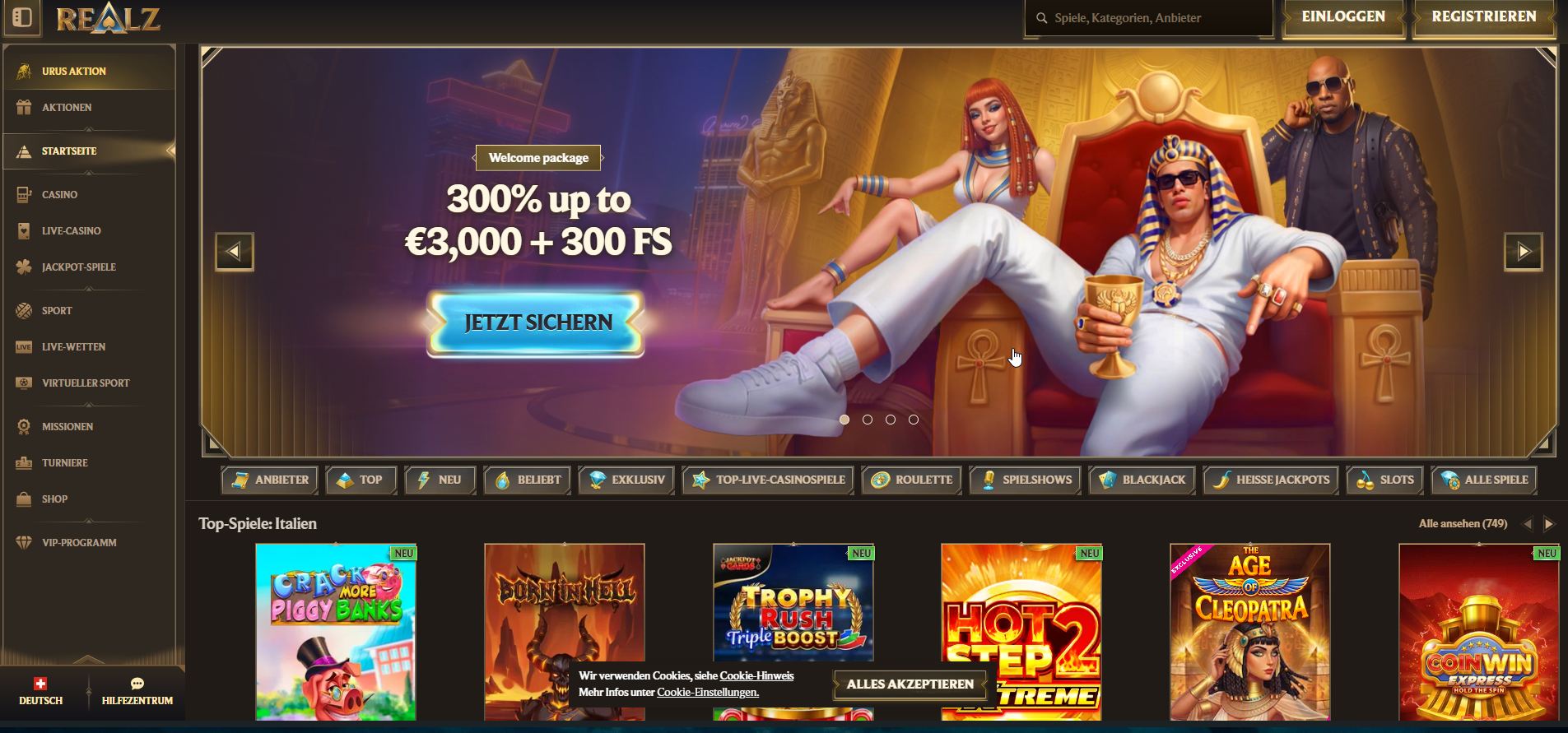 Screenshot der Realz-Casino-Startseite mit Pharao-Motiv und Willkommensbanner