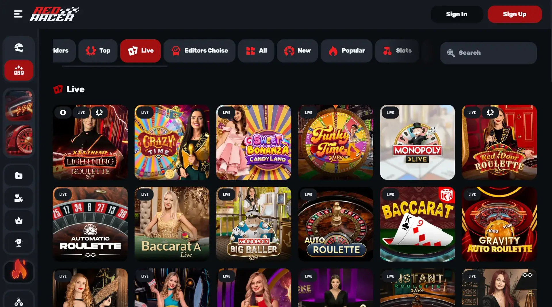 Screenshot der Redracer-Lobby mit Live-Roulette, Baccarat und weiteren Casinospielen