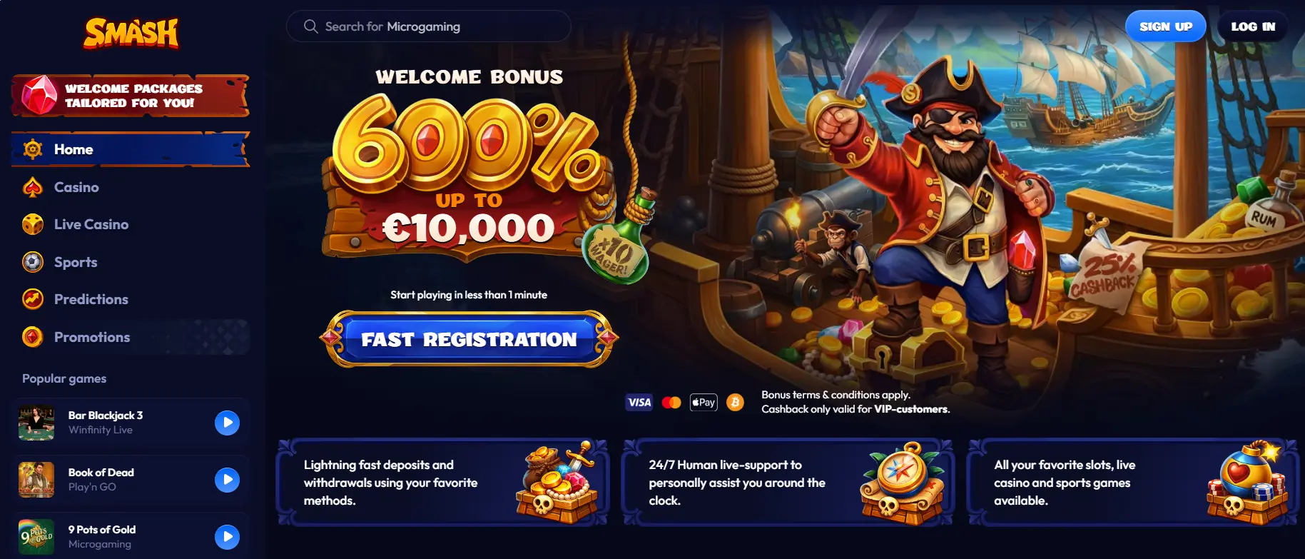 Screenshot von Smash mit Piratenmotiv, Willkommensbanner und Online-Casinomenü