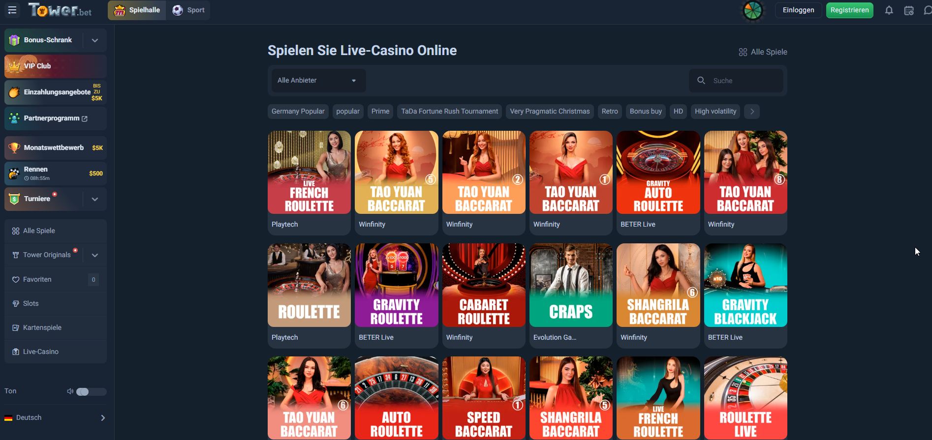 Screenshot der Tower.bet-Lobby mit Live-Casino und einer Auswahl an Roulette- und Baccarat-Spielen