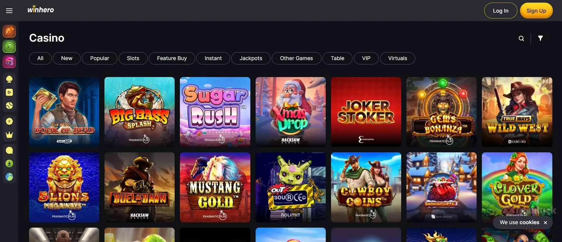 Screenshot der Winhero-Lobby mit Spielautomaten und Navigationsmenü