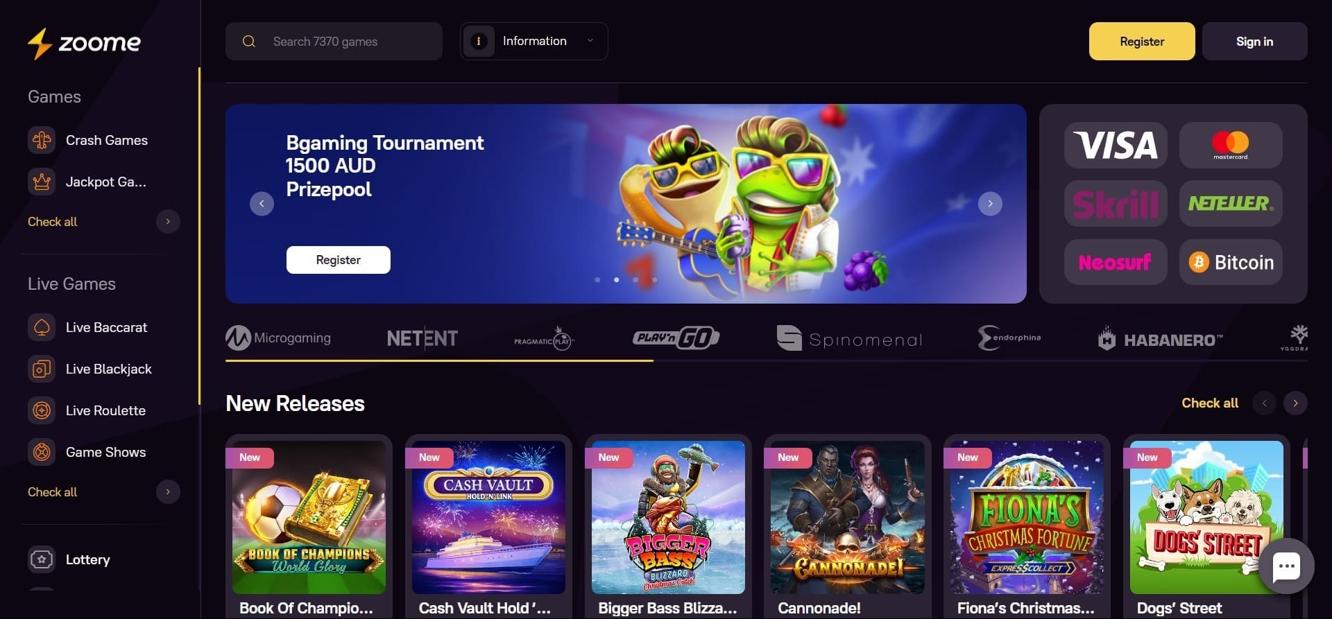 Screenshot der Zoome-Lobby mit zwei cartoonartigen Fröschen im Promo-Banner und angezeigten Zahlungsmethoden